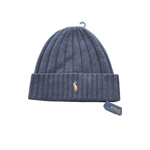 Polo Ralph Lauren Mens Ribbed Wool Blend Beanie Hat Navy Pony Logo Preppy
